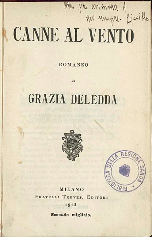 Grazia Deledda, Canne al vento, Fratelli Treves Editori, Milano, 1913 - CC BY-SA Wikisource