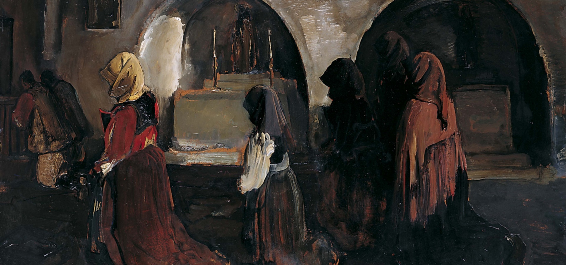 Giuseppe Biasi, Donne di Orgosolo in chiesa, Öl auf Hartfaserplatte, 1932