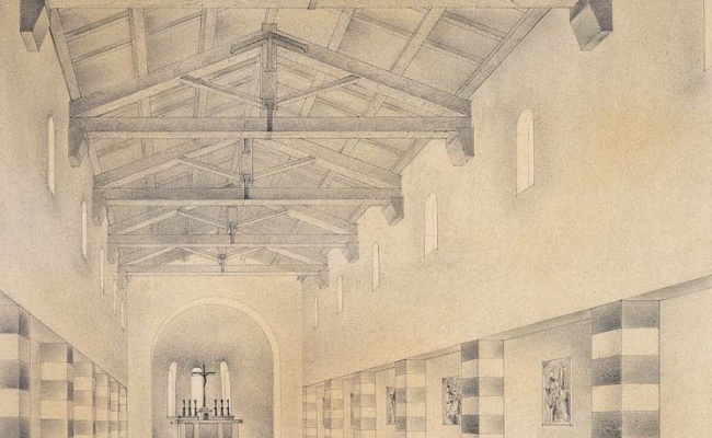 Giovanni Ciusa Romagna, Chiesa della Solitudine. Prospettiva interna, tavola di progetto. Sulla destra è visibile il sarcofago destinato ad accogliere le spoglie di Grazia Deledda
