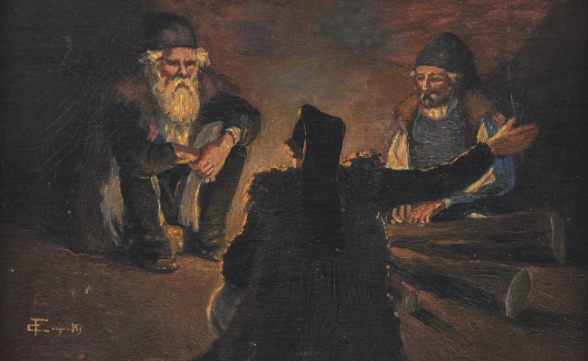 Francesco Congiu Pes, Vecchi al focolare, oil on hardback canvas, 1930