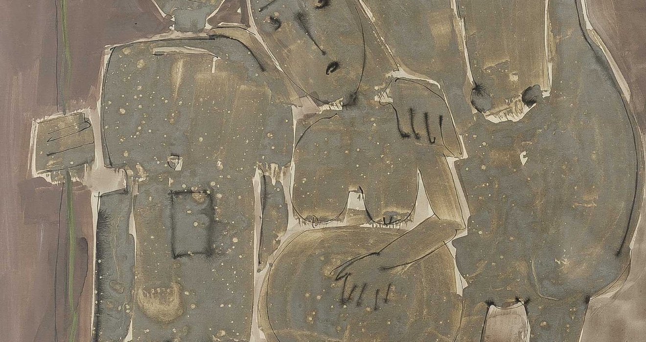 Giovanni Nonnis, La moglie incinta e il cavallo, tempera su cartoncino, 1962